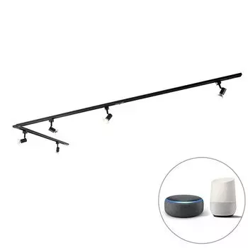 QAZQA — Современная система Smart Track I Прожектор I Потолочный светильник I Потолочный светильник I Прожектор черный, 1-фазный, 5 ламп, включая Wi-Fi GU10 — Jeany I Гостиная — Продолговатая сталь — Подходит для светодиодов GU10