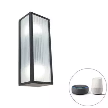 QAZQA - Современный интеллектуальный настенный светильник для наружного освещения, черный с ребристым стеклом, включая 2 Wi-Fi A60 - Диммер Charlois I с регулируемой яркостью I Наружное освещение - Продолговатый алюминий - Подходит для светодиод...