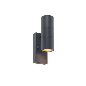 QAZQA - Современный настенный светильник антрацитового цвета IP44 с датчиком света и темноты - Наружное освещение Duo I I Up & Down - круглый из нержавеющей стали - Подходит для светодиодов GU10, темно-серый