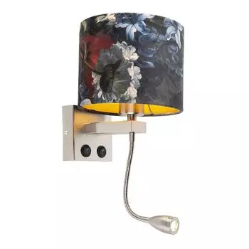 QAZQA - Современный настенный светильник сталь I серебро I матовый никель с велюровым оттенком цветы с золотом I латунь - Брешия I гостиная I спальня - круглая сталь - I E27, синий