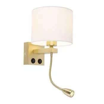 QAZQA - Современный настенный светильник в стиле ар-деко Brescia Gold I Латунь с белым абажуром 18I18I14 I Гостиная I Спальня - Круглая сталь - I E27, белый