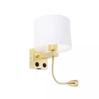 QAZQA - Современный настенный светильник золото I латунь с USB и белым абажуром 18 см - Brescia Combi I гостиная I спальня I прикроватная лампа - круглая сталь - I E27