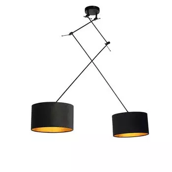 QAZQA - Современный подвесной светильник I Подвесной светильник I Подвесной светильник с велюровыми плафонами черный с золотом I латунь 35 см - молния II черный I 2 лампочки I гостиная I спальня - текстильный цилиндр I удлиненный I Ру