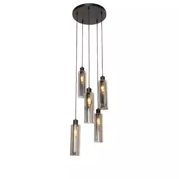 QAZQA - Современный подвесной светильник I Подвесной светильник I Подвесной светильник черный с дымчатым стеклом, 5 лампочек - Stavelot I гостиная I спальня - круглый - светодиод подходит E27