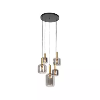 QAZQA - Современный подвесной светильник I Подвесной светильник I Подвесной светильник черный с золотом I Латунь с дымчатым стеклом, 5 лампочек - Зузанна I Гостиная I Спальня - круглый - Светодиод подходит E27, серый