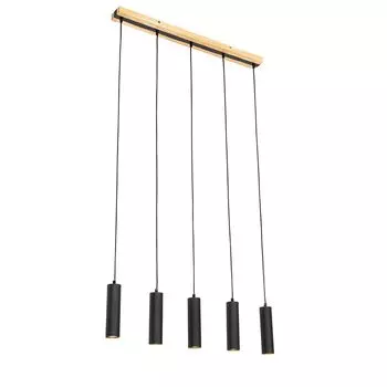 QAZQA - Современный подвесной светильник I Подвесной светильник I Подвесной светильник черный с деревом, 5 лампочек - Jeana I гостиная I спальня - продолговатая сталь - Подходит для светодиодов GU10, белый