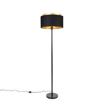 QAZQA - Современный торшер черный с черным абажуром с золотом I латунь - Simplo I гостиная I спальня - продолговатая сталь - светодиод подходит E27