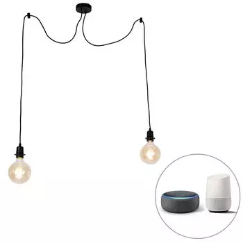 QAZQA - Современный умный подвесной светильник I Подвесной светильник I Пуристический подвесной светильник черного цвета с 2 лампами WiFi G12-лампа5 - Диммер Cava I С регулируемой яркостью I Гостиная I Спальня - Круглая сталь I Удлиненная - LED g, черный