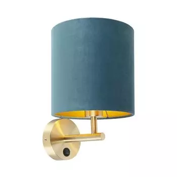 QAZQA - Современный узкий настенный светильник золото I латунь с синим бархатным абажуром - матовый I гостиная I спальня - сталь круглый - светодиод подходит E27, синий