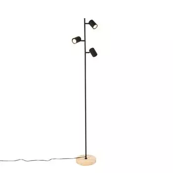 QAZQA - Торшер современный, черный с деревом, 3 лампы - Jeana I гостиная I спальня - продолговатая сталь - подходит для светодиодов GU10, белый