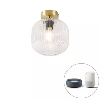 QAZQA — Умный потолочный светильник в стиле ар-деко I Потолочный светильник I Лампа I Латунный светильник с Wi-Fi A60 — Диммер Karel I С регулируемой яркостью I Гостиная I Спальня — Круглое стекло — Подходит для светодиодов E27, золото