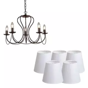 QAZQA - Загородный дом I Классическая люстра в винтажном стиле I Люстра ржаво-коричневого цвета с белыми колпаками - Комо, 5 ламп I Гостиная I Спальня - Круглая сталь - Подходит для светодиодов E14, коричневый
