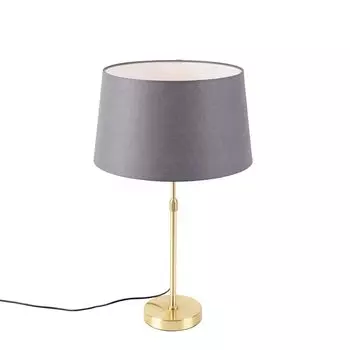 QAZQA - Загородный дом I Винтаж I Настольная лампа в деревенском стиле Золото I Латунь I Латунь с льняным абажуром серого цвета 35 см - Часть I Гостиная I Спальня I Прикроватная лампа - Текстильный цилиндр I Удлиненная I Круглая - LED, серый
