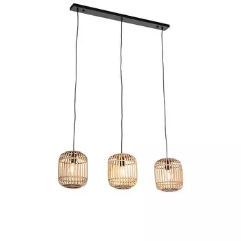 QAZQA - Загородный дом I Винтаж I Подвесной светильник в деревенском стиле I Подвесной светильник I Подвесной светильник из ротанга с 3 лампами - Манила I Гостиная I Спальня - Цилиндр I Удлиненный I Круглый - Подходит для светодиодов E27, бежевы...