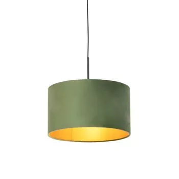QAZQA - Загородный дом I Винтаж I Подвесной светильник в деревенском стиле I Подвесной светильник I Подвесной светильник с велюровым абажуром зеленый с золотом I Латунь 35 см - Комби I Гостиная I Спальня - Текстильный цилиндр I Удлиненный I Круг...