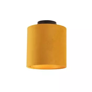 QAZQA - Загородный дом I Винтаж I Потолочный светильник в деревенском стиле I Потолочный светильник I Лампа I Светильник с абажуром охрыЗолото I Латунь 20 см - Комби черный I Гостиная I Спальня - Текстильный круглый - Подходит для светодиодов E2...