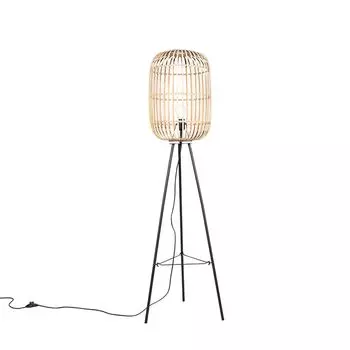 QAZQA - Загородный дом I Винтаж I Торшер в деревенском стиле Ротанг - Манила I Гостиная I Спальня - Продолговатый I Круглый - Подходит для светодиодов E27, бежевый