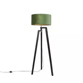 QAZQA - Загородный дом I Винтаж I Торшер в деревенском стиле, черный с зеленым абажуром и золотом I Латунь 50 см - Пурос I Гостиная I Спальня - Деревянный цилиндр I Продолговатый I Прямоугольный - Подходит для светодиодов E27, зеленый