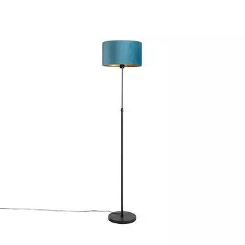 QAZQA - Загородный дом I Винтаж I Торшер в деревенском стиле I Торшер I Торшер I Лампа I Черный светильник с велюровым абажуром синий с золотом I Латунь 35 см - Часть I Гостиная I Спальня - Стальной цилиндр