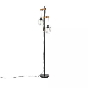 QAZQA — Загородный дом I Винтажный сельский торшер, черный с деревом, 2 лампочки — Stronk I Гостиная I Спальня — Продолговатая сталь — Подходит для светодиодов E27