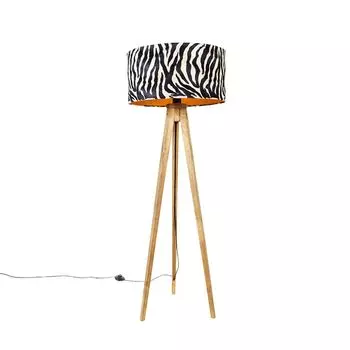 QAZQA - Загородный дом I винтажный торшер с деревянным абажуром дизайн зебры 50 см - штатив I лампа со штативом I классический штатив I гостиная I спальня - круглый - светодиод подходит E27
