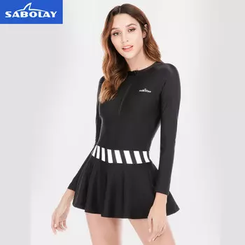 QINGHONG цельный купальник с юбкой, женский, с длинными рукавами, для похудения, с нагрудной подушечкой, консервативный, тонкий, черный, размер M-3XL