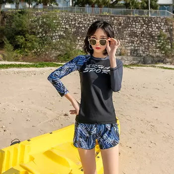 QINGHONGQINGHONG сплит-купальник женские с длинными рукавами брюки-боксеры в стиле синий черный размер S-XXL