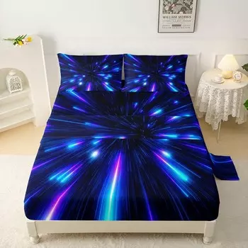 QOOMO Abstract Lines Детский комплект простыней Stars Meteor Galaxy Постельный комплект для мальчиков Синие простыни из микрофибры на плоской подошве Постельное белье для мальчиков и девочек Twin Size 1 простыня на подкладке