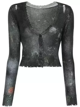 R13 кардиган из кашемира с цветочным принтом и потертостями, черный