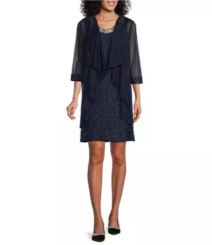 R & M Richards Блестящее кружевное платье из двух частей с круглым вырезом и рукавами 3/4, украшенное бисером, синий