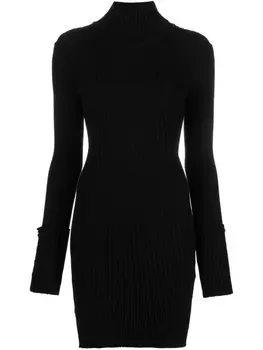 Rabanne платье мини в рубчик с высоким воротником, черный