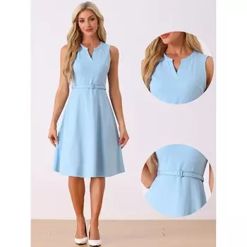 Рабочее офисное платье для женщин, платье без рукавов с V-образным вырезом и поясом ALLEGRA K, цвет Light Blue