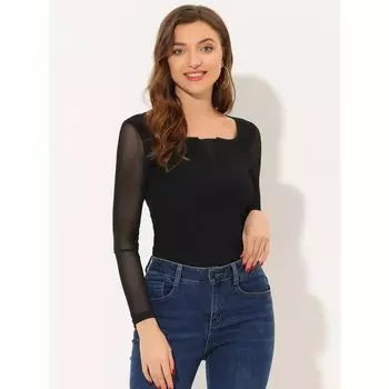 Рабочие блузки для женщин, облегающие сетчатые прозрачные топы с длинными рукавами и квадратным вырезом ALLEGRA K, белый