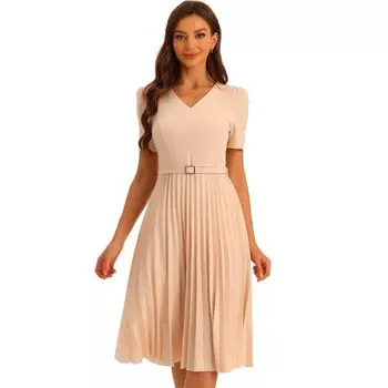 Рабочие платья для женщин. Плиссированное платье трапециевидной формы с короткими рукавами и поясом. ALLEGRA K, цвет Apricot
