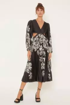 Rachel Stevens Миниатюрное монохромное плиссированное платье миди с V-образным вырезом и цветочным принтом Oasis, мультиколор