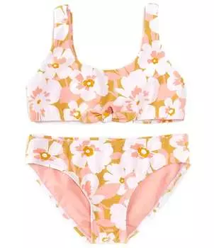 Raisins для больших девочек 7–16 лет с цветочным принтом и завязками спереди, топ с лямкой на шее и соответствующий хипстерский низ, состоящий из двух частей, купальник, розовый