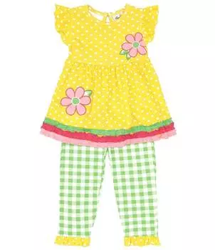 Rare Editions Вязаное платье в горошек с цветочной аппликацией для маленьких девочек 2T-6X и комплект леггинсов в клетку, желтый