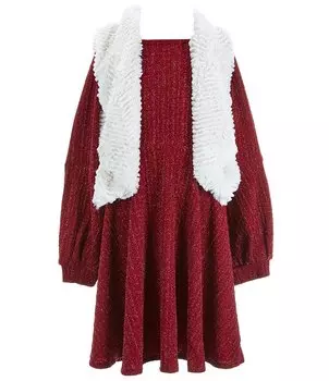 Rare Editions Жилет из искусственного меха без рукавов для больших девочек 7–16 лет и платье-трапеция металлического цвета с длинными рукавами, красный