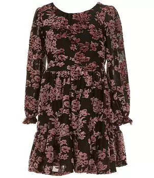 Расклешенное бархатное платье Rare Editions для больших девочек 7–16 лет с длинными рукавами и цветочным принтом, черный