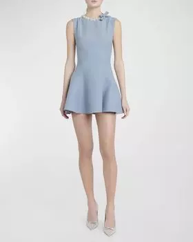 Расклешенное креповое мини-платье без рукавов с кристаллами и бантом Valentino Garavani, цвет Lt Blue Multi