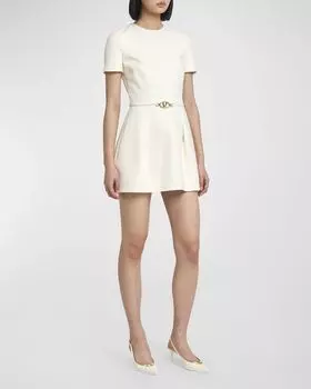 Расклешенное мини-платье с поясом с логотипом Valentino Garavani, цвет Ivory