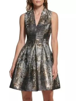 Расклешенное мини-платье с жаккардовым эффектом металлик Vince Camuto, цвет Grey Multicolor