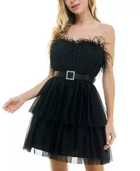 Расклешенное платье без бретелек с отделкой перьями City Studios, черный