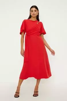 Расклешенное платье миди из крепа с завязками по бокам Oasis, красный
