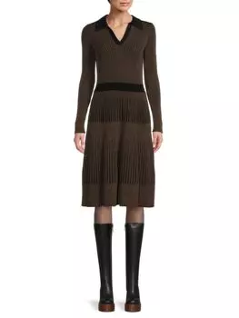 Расклешенное платье миди из трикотажа в рубчик T Tahari, цвет Black Brown