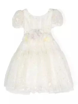 Расклешенное платье мини с цветочной аппликацией Monnalisa, белый