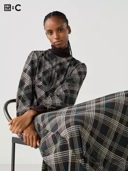 Расклешенное платье принт Uniqlo, коричневый