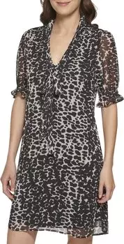 Расклешенное платье с короткими рукавами и завязками на шее DKNY, цвет Black Multi