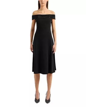 Расклешенное платье с открытыми плечами и отделкой стразами Emporio Armani, черный