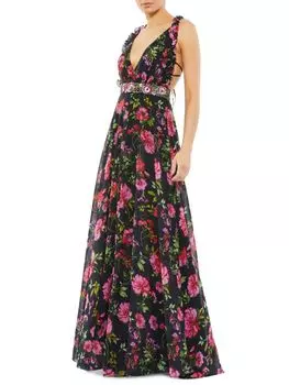 Расклешенное платье с поясом и цветочным принтом Mac Duggal, цвет Black Multi